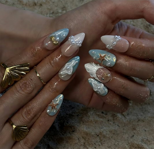 A1004 Ocean Blue Seashell Nails - Handmade Press-On Nails