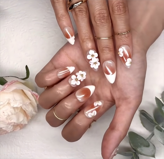 A1005 Nude French Floral Nails Handmade Press-On Nails