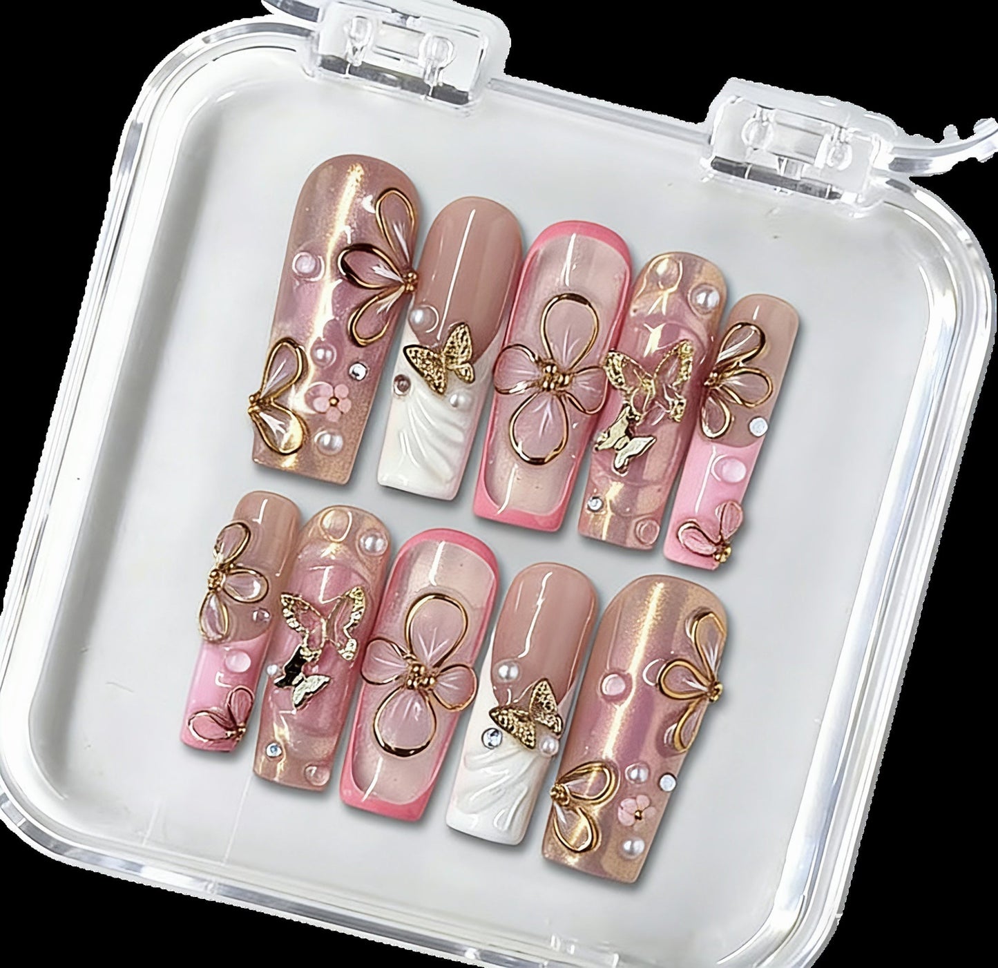 C1001 Butterfly Kisses Pink nails - Handmade Press-On Nails