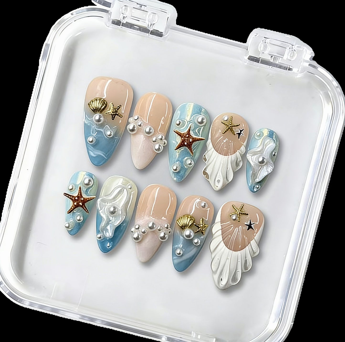A1004 Ocean Blue Seashell Nails - Handmade Press-On Nails