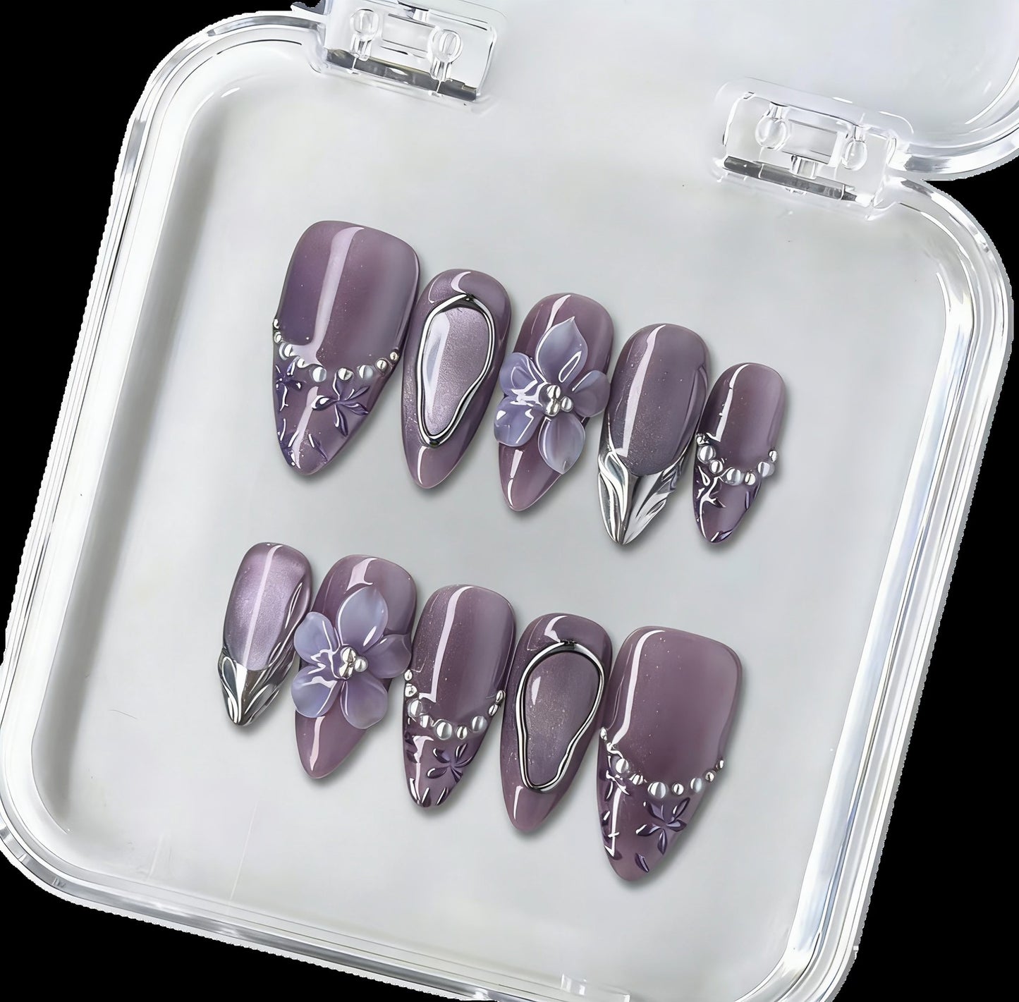 A1003 Violet Metallic Floral - Handmade Press-On Nails