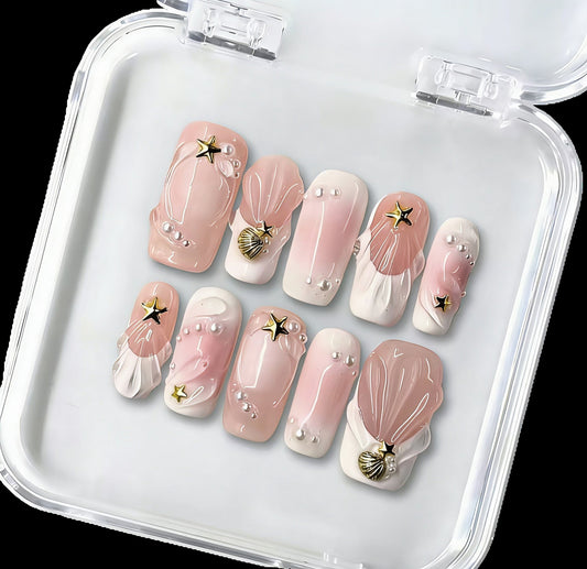 S1001 Mermaid Seashell Nails - Handmade Press-On Nails