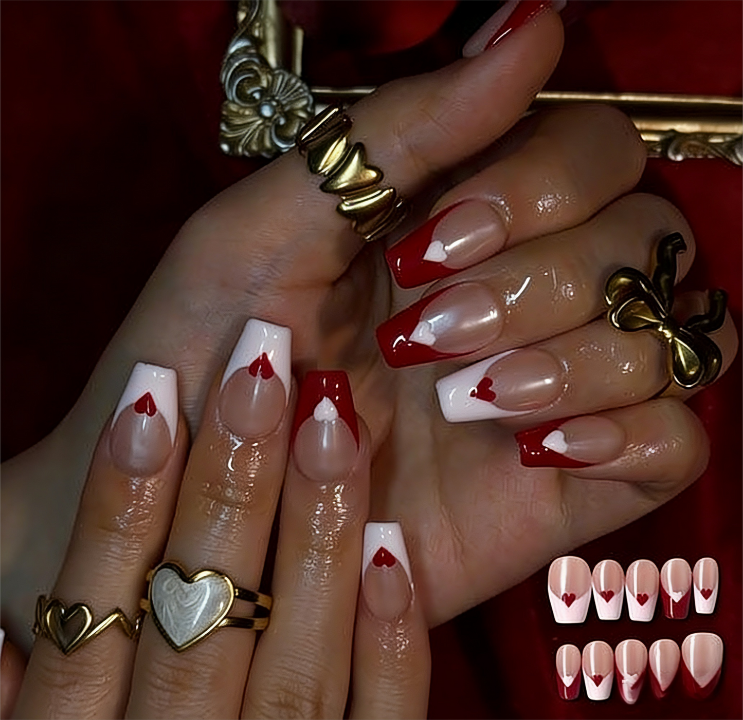 S1002 Romantic Heart Nails - Handmade Press-On Nails