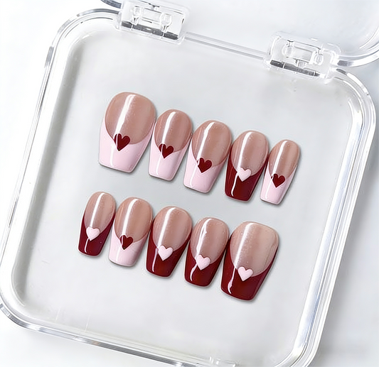 S1002 Romantic Heart Nails - Handmade Press-On Nails